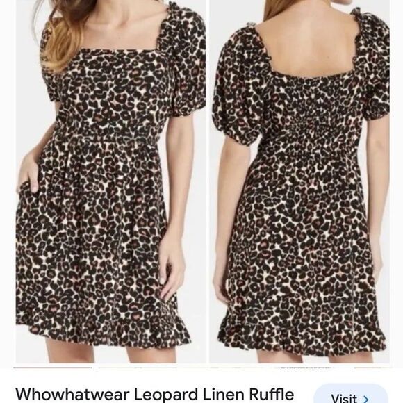 Who what wear Leopard Linen Ruffle Smocked Puff Sleeve Dress With Pockets NWT 2x - Picture 1 of 9